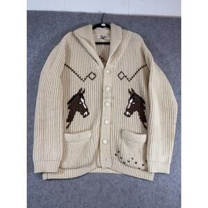 VTG 70s Miller Western Horse Cowichan Cardigan Mens Medium Knit Shawl Outerwear
